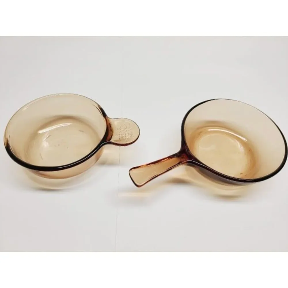 2 PCS Vtg Corning Visions Amber Glass Small Skillet Saucepans V-150-B USA